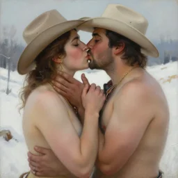 a beautiful ethereal homoerotic painting of two thick cowboys sharing a passionate kiss | dreamlike, snowy background, romantic, art nouveau | by mark maggiori and frederic remington | trending on artstation