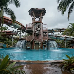 creepy and wet abandoned waterpark, professional photography, highly detailed, sharp focus, hdr, 8 k, hd, trending on pexels, by marc adamus