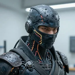 photo taken of an epic intricate, ultra detailed, super realistic gritty, wet, lifelike sculpture of an cyberpunk ninja with neon veins created by weta workshop, zoomed in shots, subsurface scattering, photorealistic, sharp focus, white wall coloured workshop, cold colour temperature, f 0. 4, face centred, golden ratio,