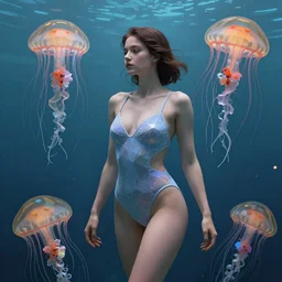 jellyfish swim around woman in swimsuit, highly detailed, smooth, sharp focus, concept art, illustration, beautiful, geometric, trending on artstation, cinematic, art by artgerm and greg rutkowski and alphonse mucha