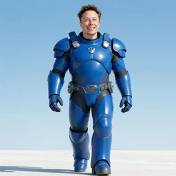 a cinematic scene of a giant smirking elon musk in sky blue armor walking toward the camera from a explosion of blue twitter birds