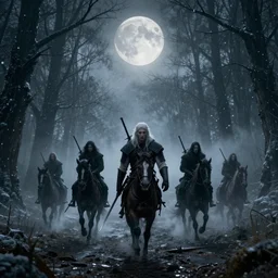 the wild hunt, ghost riders in the sky, macabre spectacle at the enchanted forest, blizzard storm, fog, full moon, treacherous road, uneasy atmosphere, from witcher series, cinematic, groundbreaking, breathtaking, awardwinning, arnold gpu + octane workflow, 8 k, unreal 5, hyperrealist, ultradetailed, intricate digital art, volumetric lighting, trending artstation