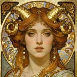 realistic detailed face portrait of a beautiful young woman as Celestial Astrology Aquarius by Alphonse Mucha, Greg Hildebrandt, and Mark Brooks, gilded details, spirals, Neo-Gothic, gothic, Art Nouveau, ornate medieval religious icon