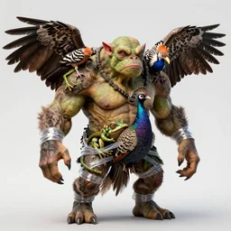 a high resolution realistic portrait of an ork creature made of doglike class aves skin merged frog, strangled by plastic wrap bower bird creature wrinkles pheasant, complex feathers exotic morphing hoopoe, zebra morphing wings king vulture head