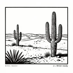 art by brian reedy, a stunning black ink linocut print of a desert with a few cacti here and there, 8 k, frostbite 3 engine, cryengine, dof, trending on artstation, digital art, crepuscular ray