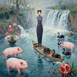 painting of flood waters, zen, a tall catgirl art student, a river flooding inside, art supplies, pigs, ikebana, water, river, rapids, waterfall, black swans, canoe, pomegranate, berries dripping, acrylic on canvas, surrealist, by magritte and monet