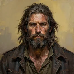 split complementary colours, painted portrait of rugged homeless hobo man by ruan jia greg rutkowski, uncempt beard and hair, clear face muscular masculine manly mature powerful sensual handsome hobo homeless fantasy intricate elegant detailed digital painting, concept art artstation sharp focus illustration