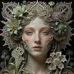 detailed realistic beautiful sun goddess face portrait by jean delville, ellen jewett, iris van herpen and james jean, art forms of nature by ernst haeckel, art nouveau, symbolist, visionary, gothic, fractal lace, intricate alien botanicals, ai biodiversity, surreality, hyperdetailed ultrasharp octane render
