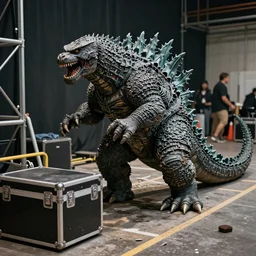 128 bit photo realistic Godzilla chewing on a road case backstage
