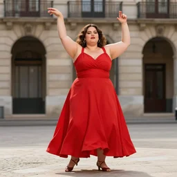 photo europian beutiful fat natalia oreiro with simmetrical beatiful face dressed in a red dress dansing, anatomically correct, full shot, kodak