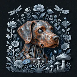 plotter art sci - fi poster, rusty puppy cyborg head with a lot of garden flowers, beautiful whimsical botanical illustration, silver and blue flowers, dragonfly, firefly, mushrooms, enchanted botany, dark grainy background, by android jones and greg rutkowski, digital matte painting, papercut art style