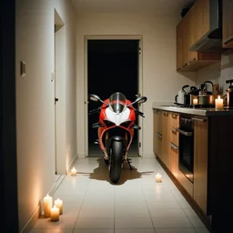 a huge 2 0 1 9 ducati panigale v 4 standing in the corridor to a cozy kitchen, in the dark, candles around it, white tile on the floor, by paolo pellegrin, by trent parke, prize winning photo, cinematic