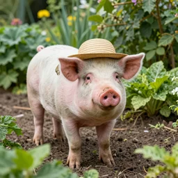 a pig wearing a sunhat!!! garden! hyper realistic!! realistic lighting!! wildlife photographer of the year!!! bold natural colors, national geographic, hd, wide angle, 8 k