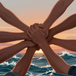 illustration of many highly accurate arms gripping each other by the forearms, at sunset, in the style trending on artstation, cinematic, expressing the idea of teamwork, with water, waves, ocean spray, dramatic lighting