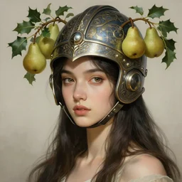 an attractive young female wearing an ornate metallic helmet, holly pears, olive skin, long dark hair, beautiful bone structure, intricate, elegant, highly detailed, digital painting, artstation, concept art, smooth, sharp focus, illustration, art by artgerm and greg rutkowski and alphonse mucha