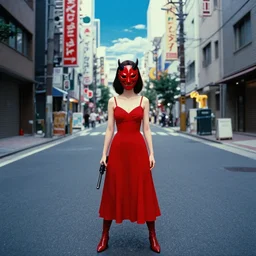 a woman in a red dress wearing a red demon mask standing alone on an empty street in downtown Tokyo with a gun, film still from the an anime directed by Katsuhiro Otomo with art direction by Salvador Dalí, wide lens