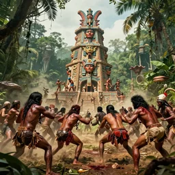 editorial battle in jungle,  brutal  tower full of aztec and Amazonian  fighting, epic, vintage, blood, slight inspiration of Boris vallejo and  apocalypto, war photography