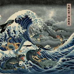 A sea full of mythical monsters by Utagawa Kuniyoshi, ukiyo-e, nightmare ocean storm