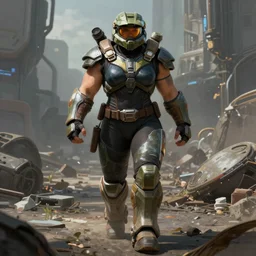 a beefy bulky body builder female warrior walking in a cyberpunk wasteland facing the camera, mjolnir armor from halo infinite without a helmet, female face features, 8K, octane render, Digital painting, concept art, illustration, sharp focus, centered, good value control, realistic shading, rational painting, rubber undersuit