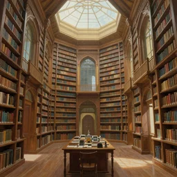 Library of Babel with infinitely high ceilings, infinitely long corridors, octagonal rooms, natural lighting, digital painting, concept art by Shaddy Safadi