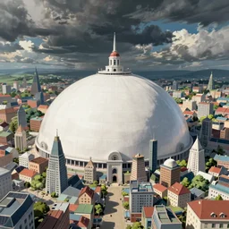 Utopian city with a enormous white dome at the centre,  studio ghibli, ultra hd