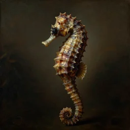 a dark front - on rococo portrait of a seahorse with big eyes, 1 8 th century painting. moody atmosphere, blurry organic background