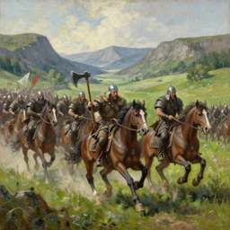a detailed oil painting of charging viking army on horseback over a lush valley + one heavy axe wielding viking warrior leading the brigade