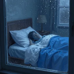 a blue moody painty of a bed seen through a rain - covered window, raindrops on glass, digital painting, artstation, concept art, smooth, dynamic lighting by delphin enjolras, ultrarealistic, cinematic, octane render, 8 k