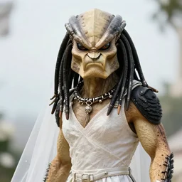 wedding photography picture of a predator ( from the predator movies ) as the groom and a xenomorph alien as the bride in an outdoor wedding ceremony