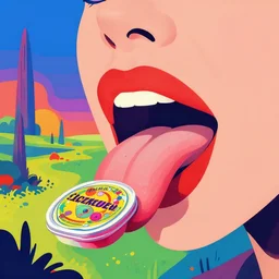a colorful vibrant closeup landscape licking a tab of lsd acid on its land tongue and dreaming psychedelic hallucinations, by moebius, edward hopper and james gilleard, zdzislaw beksinski, steven outram colorful flat surreal design, hd, 8 k, artstation