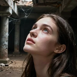 color photo portrait of a woman looking up, close - up, in the deep dark basemen, dust, cobwebs, broken columns