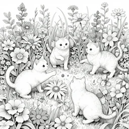 detailed intricate ink illustration, a group of cat playing in a garden of flowers, a mix media painting by Sandra Chevrier