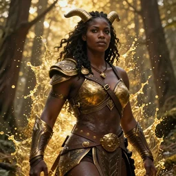 portrait, a beautiful dark skinned female dungeons and dragons barbarian, in the forest, dramatic lighting, strong broad robust figure, by donato giancola and greg staples, smooth, intricate, highly detailed, golden hour, splash art, high fantasy