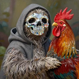 realistic bipedal sloth character, long airy fur, full crystal skull shaped face mask, hoodie cloak based on a rooster, painting style by archibald thorburn, stylized, ornately detailed, chromatic aberration