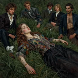 stylized portrait by aykutmakut of an artistic pose, composition, young fancy lady laying in the grass, cinematic moody colors, realistic shaded, fine details, realistic shaded lighting poster by ilya kuvshinov, magali villeneuve, artgerm, jeremy lipkin and michael garmash and rob rey