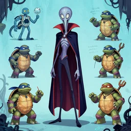 concept art character with a vampire squid head and cape that is tall and thin with color inspiration from rolly crump character designer on the haunted mansion ride character sheets that focuses on an ocean setting with help from lead artist Andy Suriano for rise of the teenage mutant ninja turtles on nickelodeon that is trending on art station