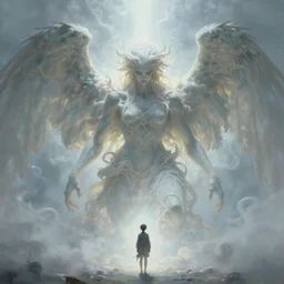 an immense beautiful terrifying pale winged humanoid giant looms over a tiny human. ethereal horror fantasy art by greg rutkowski