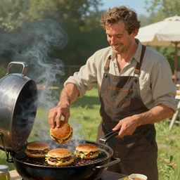 a happy middle aged man fliping burgers in the grill on the lawn. intricate, elegant, highly detailed, digital painting, artstation, concept art, sharp focus, illustration, by justin gerard and artgerm, 8 k