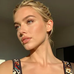 photograph of an olive skinned blonde female model in her twenties, her hair pinned up, long lashes, wearing a designer top, looking content, focused on her neck, photo realistic, extreme detail skin, natural beauty, no filter, slr, golden hour, 8 k, high definition, selfie