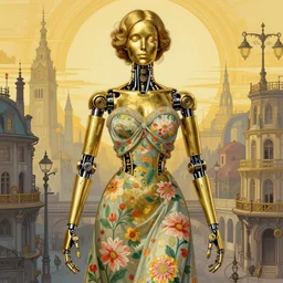 brass semi - mechanical woman, portrait, floral art novuea dress, art by rembrandt, in steampunk cityscape designed by victor horta, golden hour, robotic prosthetic limbs, symmetrical, coloured lineart
