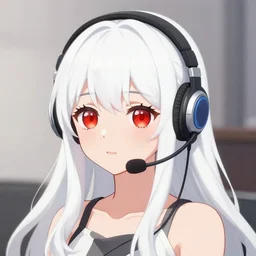white long haired red eyed young cute girl wearing headset by mika pikazo in anime style