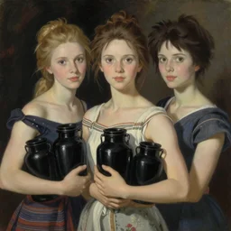 portrait of beautiful gorgeous captivating finnish norwegian swedish glamour models wearing by dress on shoulders with black jars in hands, jodhpurs greg manchess painting by sargent and leyendecker, studio ghibli, close - up shot rim light asymmetrical illustration hearthstone, by greg rutkowski by greg tocchini by craig mullins