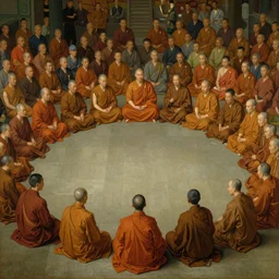 painting of large crowd of monks with sitting in circular formation for ritual, realistic old master painting art by ruan jia, tooth wu, wlop, james jean, victo ngai, delicate, beautifully lit, muted colors, highly detailed, artstation,, fantasy art by craig mullins, thomas kinkade