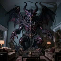 photograph of a massive eldritch baphomet, nighttime, suburban living room, nikon d 7 5 0, cinecolor, evil, insanely detailed and intricate, ornate, hyper realistic, super detailed, evil and terrifying, shadow person
