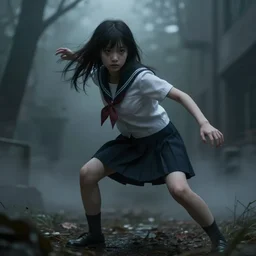 school girl in action pose, gloomy and foggy atmosphere, octane render, cgsociety, artstation trending, horror scene, highly detailded