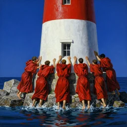 worshippers in red robes belonging to the cult of the lighthouse clambering out of the water onto the rocky shore at the base of the light house, base of the light house, high detailed beksinski painting, part by adrian ghenie and gerhard richter. art by takato yamamoto. masterpiece, deep colours, blue