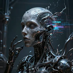 chaos , glitch, malfunction, consciousness, glitch, illusion , living, beautiful, organism, null ,divine, static, fluid , breathe, void , industrial, see , birth , death, touch , thought , AI , glitch abyss , cinematic lighting , black metal, biomech, cinematic mood, very detailed, 8k, high resolution, photorealism, wide angle, cinematic atmosphere, elaborate, highly detailed, ornate, shiny, dramatic lighting, realistic,octane render, ,-H 1024