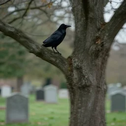 movie still by kubrick of crow in a tree in a cemetery ambient occlusion, heavy hdr macro lens tilt shift motion blur