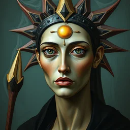 3 d cell shaded portrait painting of sun witch, 3 d cell shaded cubism, in the style of picasso 3 d cell shaded, elegant, highly detailed, artstation, art by picasso 3 d cell shaded unreal engine