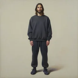 a full body portrait of modern day jesus wearing yeezy menswear collection by nicola samori, oil painting, smudges, realistic, 8 k, yeezy collection